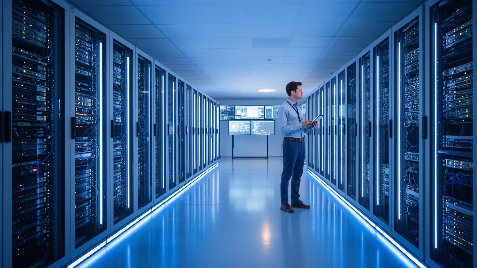 Modern server infrastructure for cloud and managed IT services — ITNS technician monitoring systems
