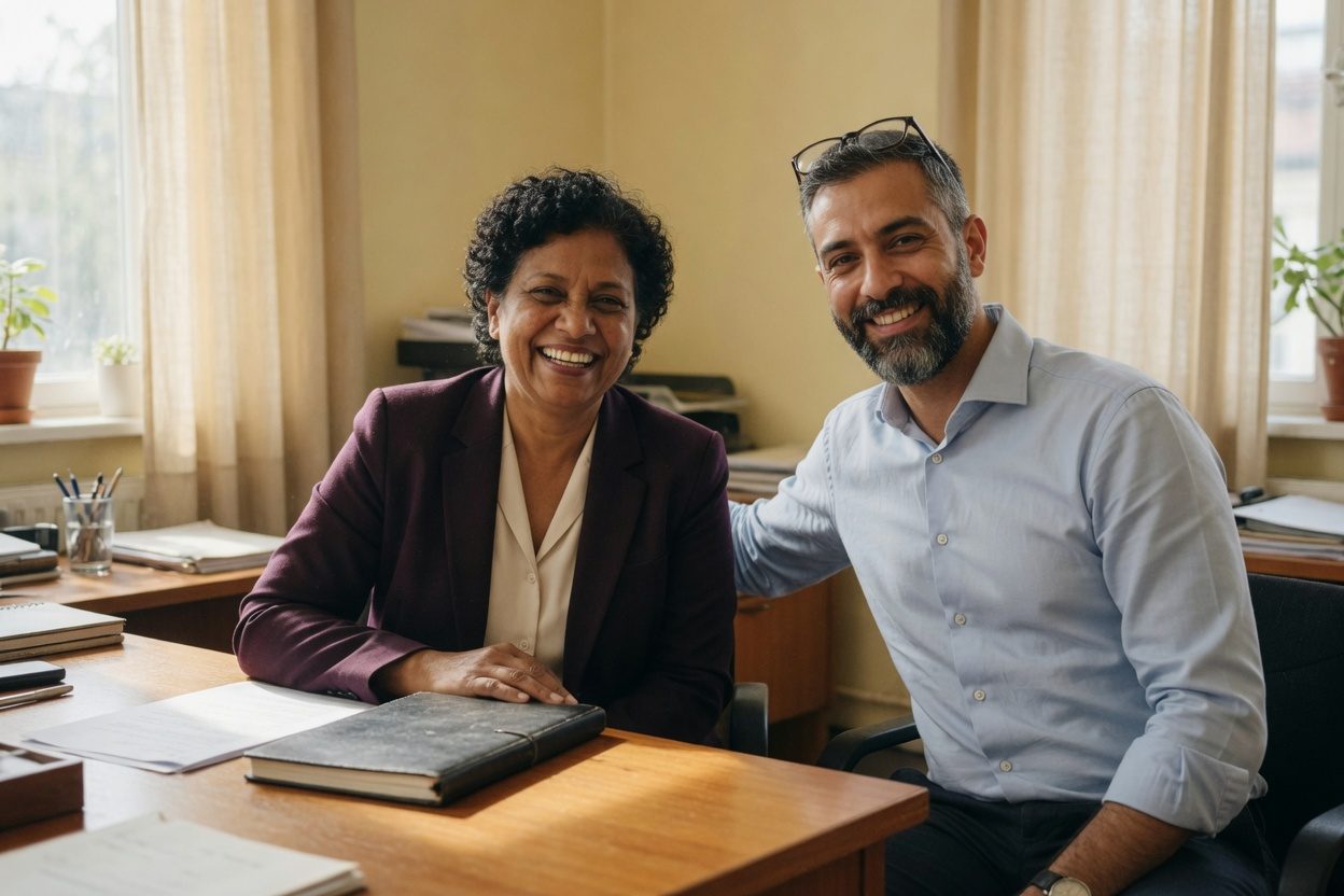 A business owner and advisor talking together in a warm office